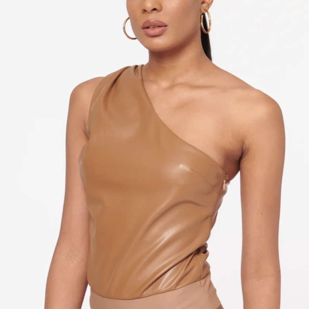 NWT CAMI NYC Chrissa Vegan Leather Bodysuit in Caramel sz Large